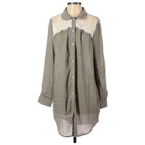 Tassels n Lace Shirt Dress Size S Collared Gray Ivory Fairy Whimsy Boho Prairie